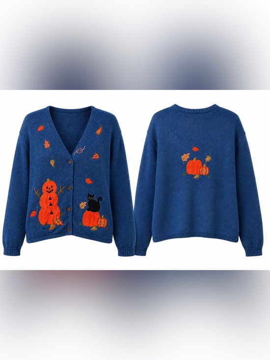 Vintage Sweaters - Vintage autumnal fall Halloween Cardigan Sweater Blue Pumpkin Black Cat M